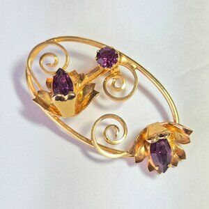 Gold Tone & Amethyst Glass Floral & Vine Brooch